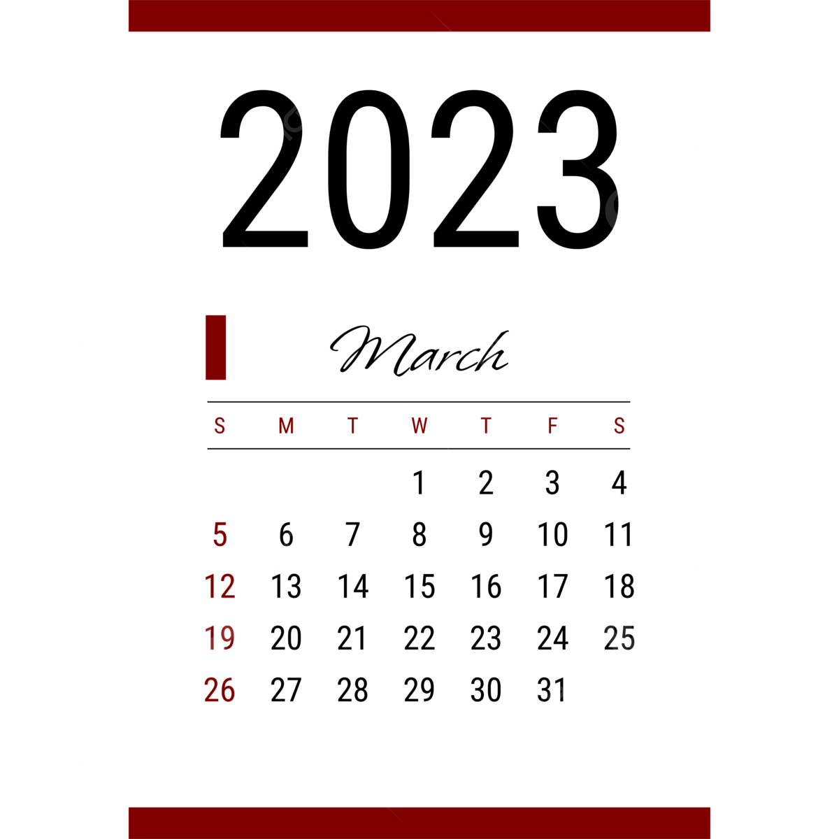 March Year Of 2023 Simple White Calendar With Red Line Calendar 2023