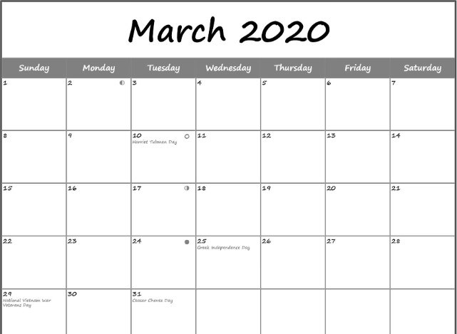 New Full March 2020 Moon Phases Template With Lunar Calendar Dates