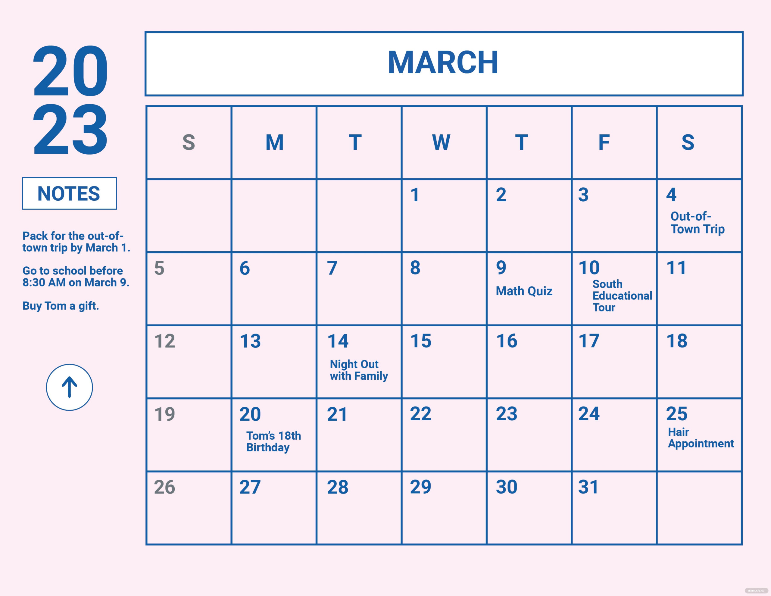 Pink March 2023 Calendar Google Docs Illustrator Word PSD