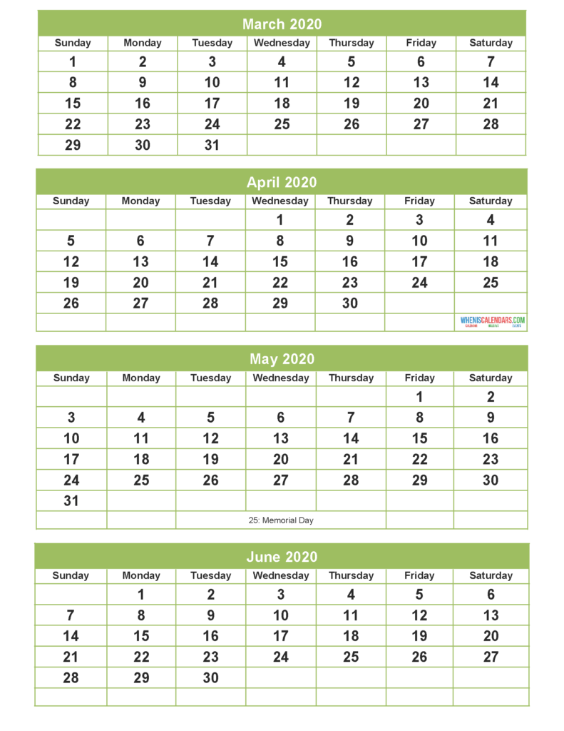 Printable Calendar 2020 March April May June Word PDF Image