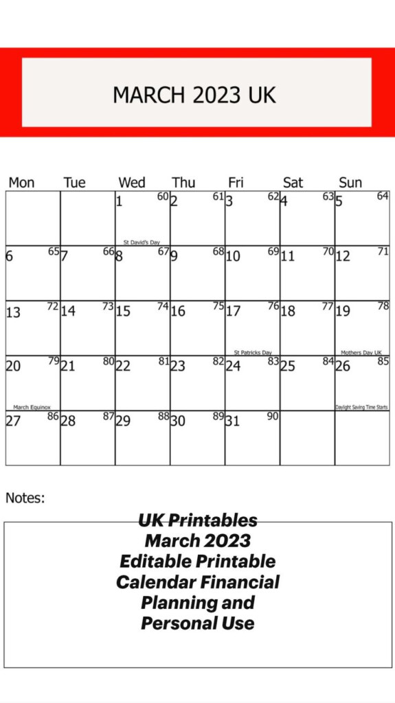 UK Printables March 2023 Editable Printable Calendar Financial Planning 