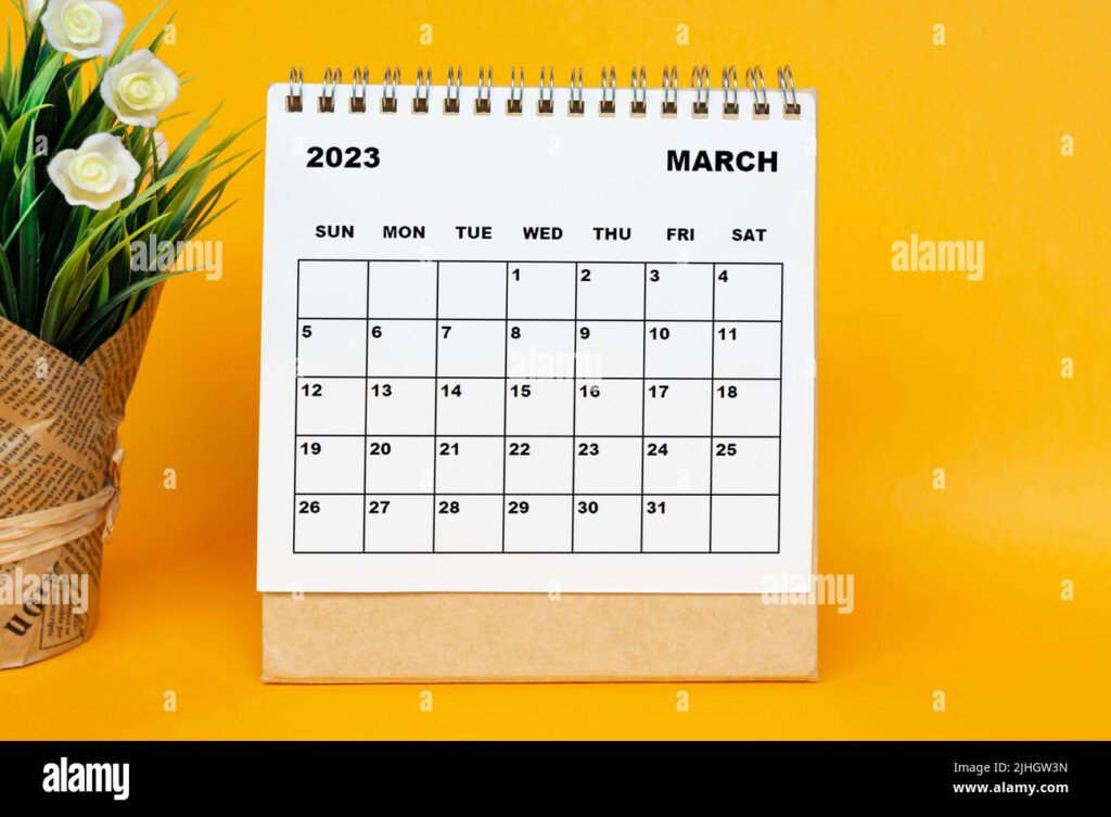 White March 2023 Calendar With Potted Plant On Yellow Background 2023 