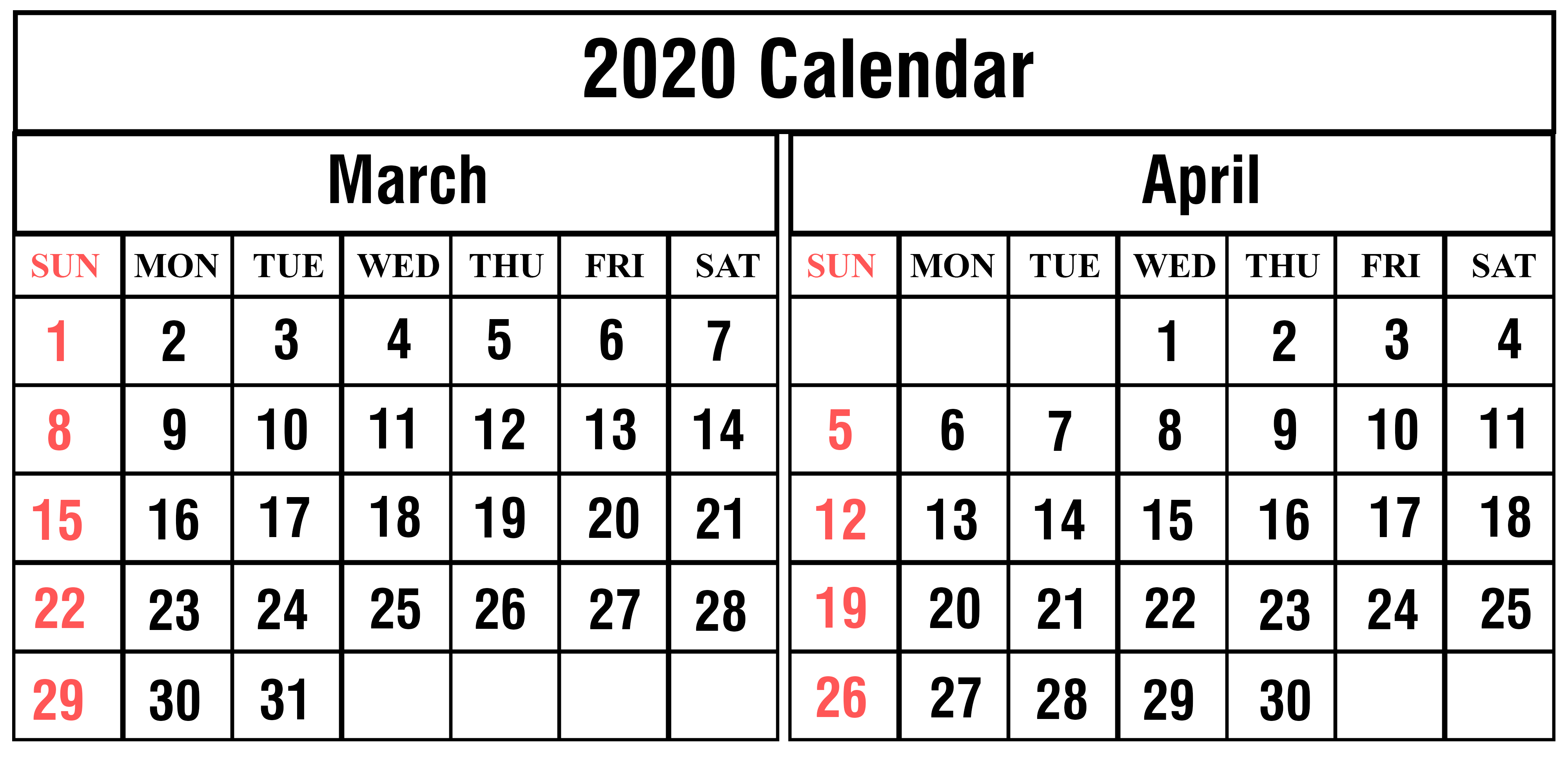 2020 March Calendar In PDF Word Excel Printable Format