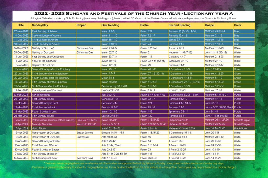 2023 Liturgical Calendar Year A K 2023 Sola Publishing