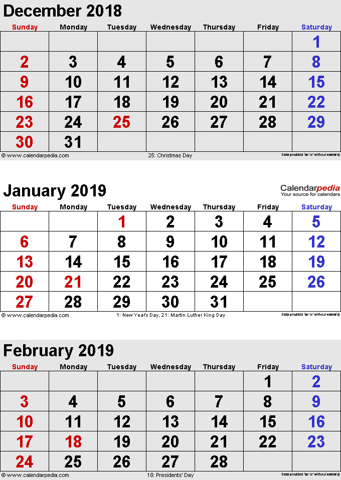 3 Months Calendar December 2018 January February 2019 In Portrait