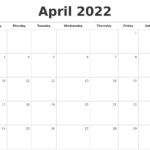 April 2022 Blank Monthly Calendar