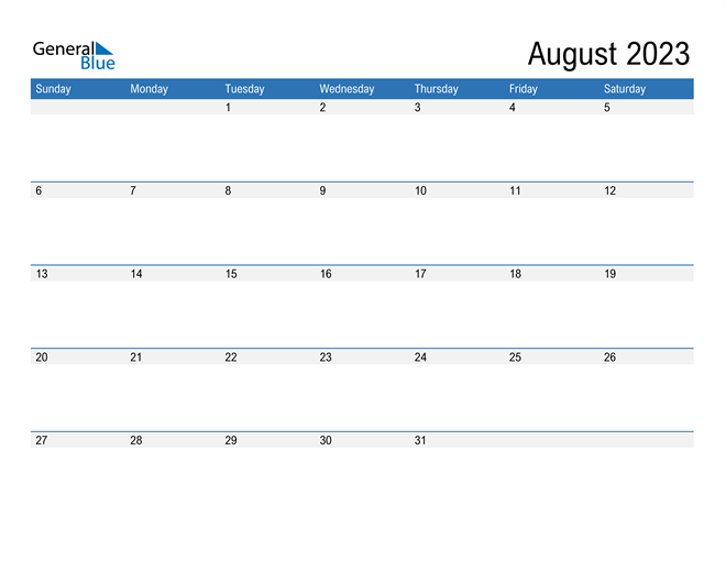 August 2023 Calendar PDF Word Excel 