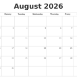 August 2026 Blank Monthly Calendar