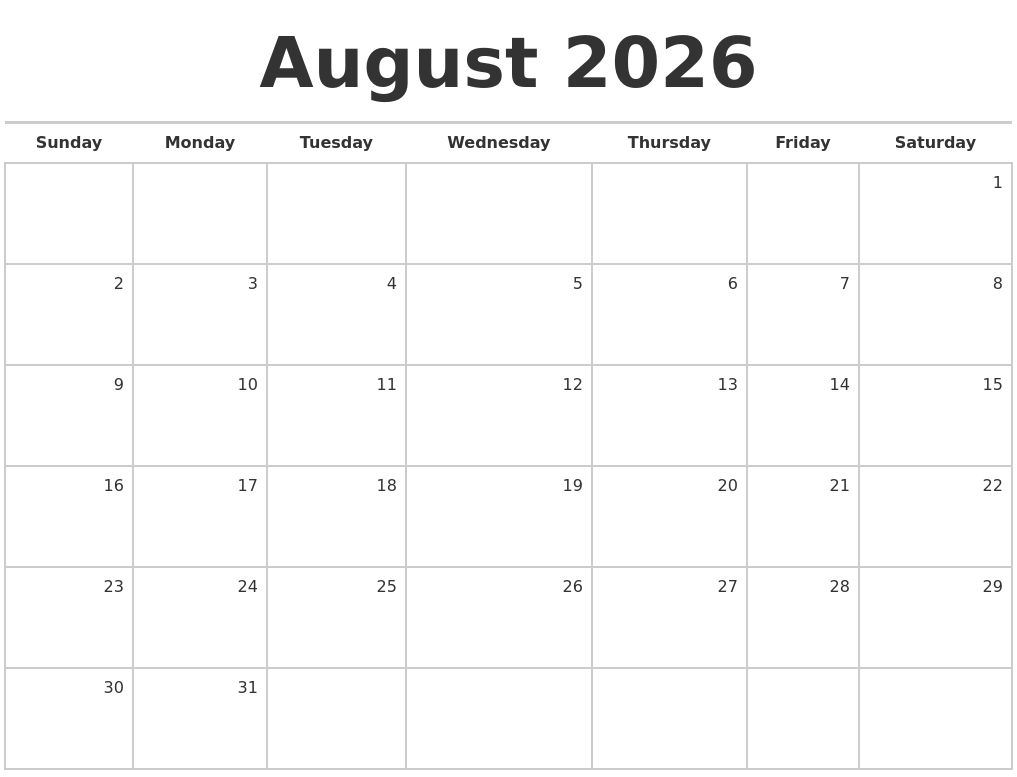 August 2026 Blank Monthly Calendar