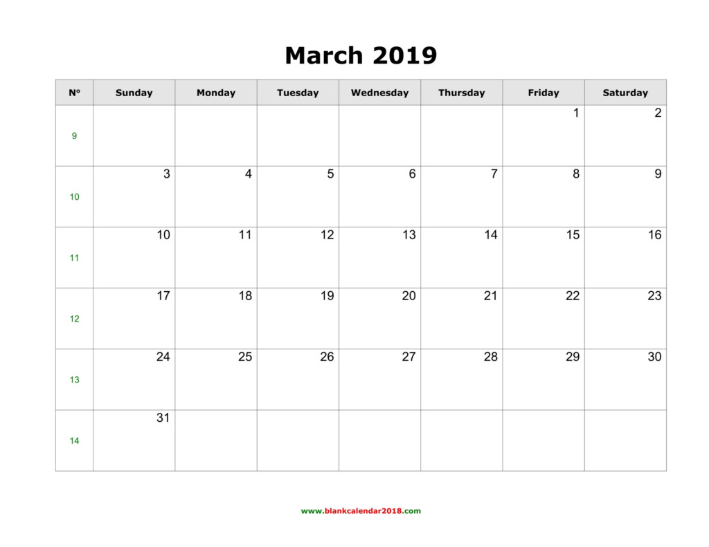 Blank Calendar March 2019 Landscape