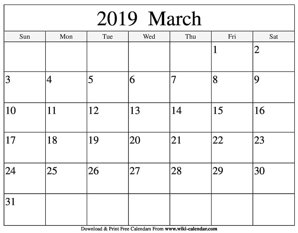 Blank March 2019 Calendar Printable