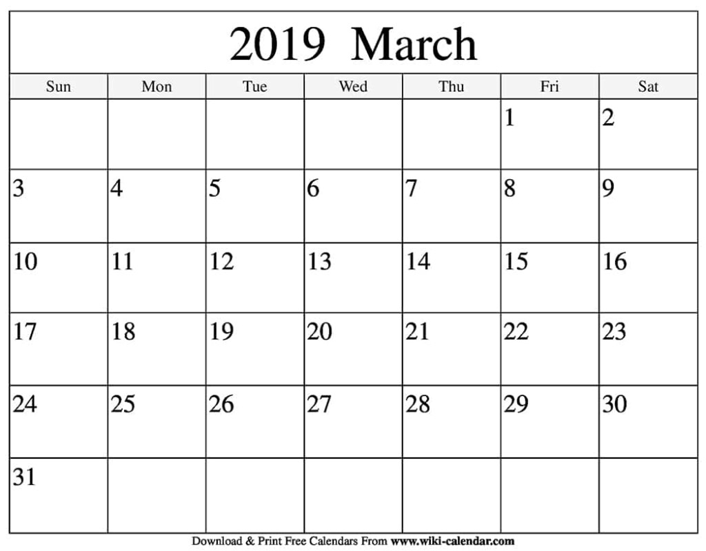 Blank March 2019 Calendar Printable