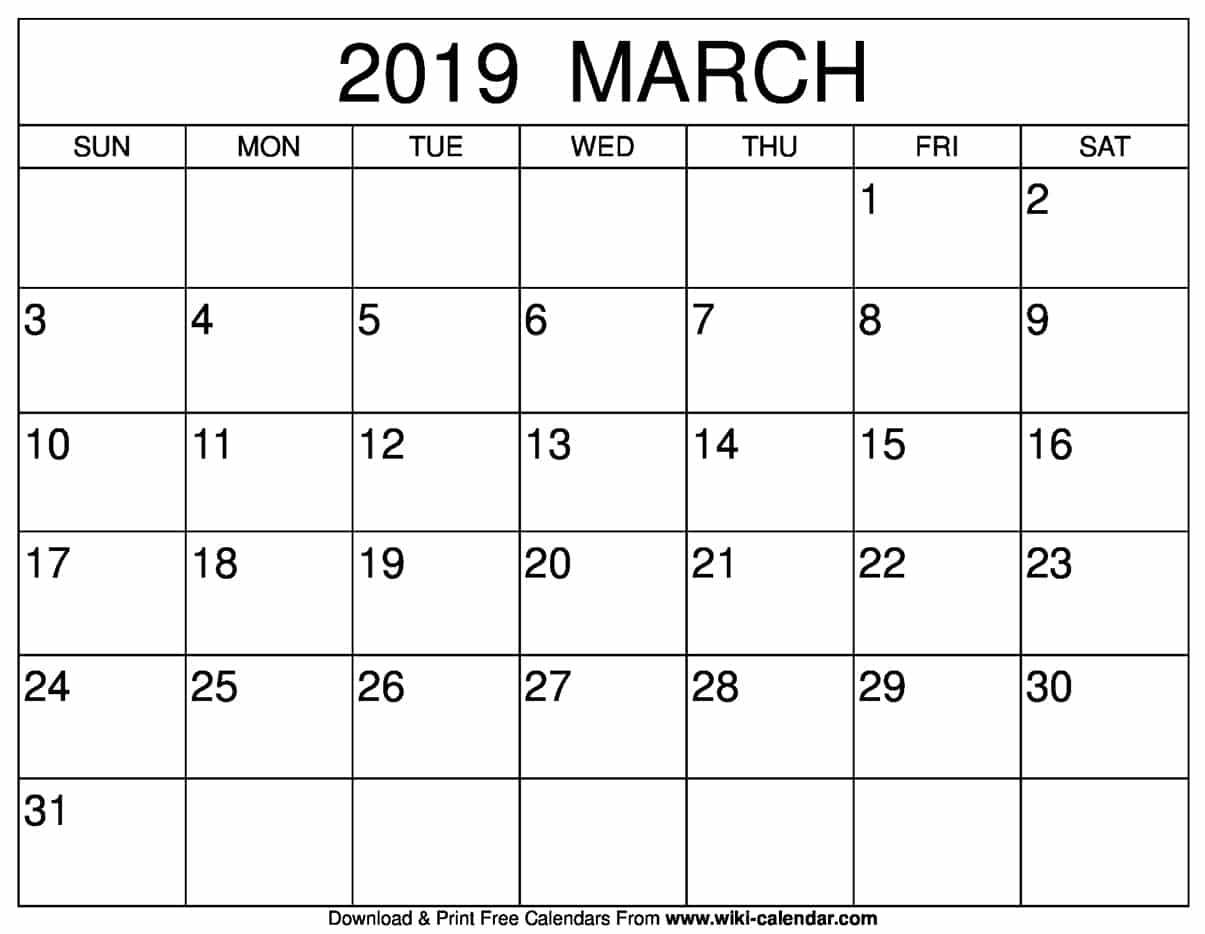 Blank March 2019 Calendar Printable