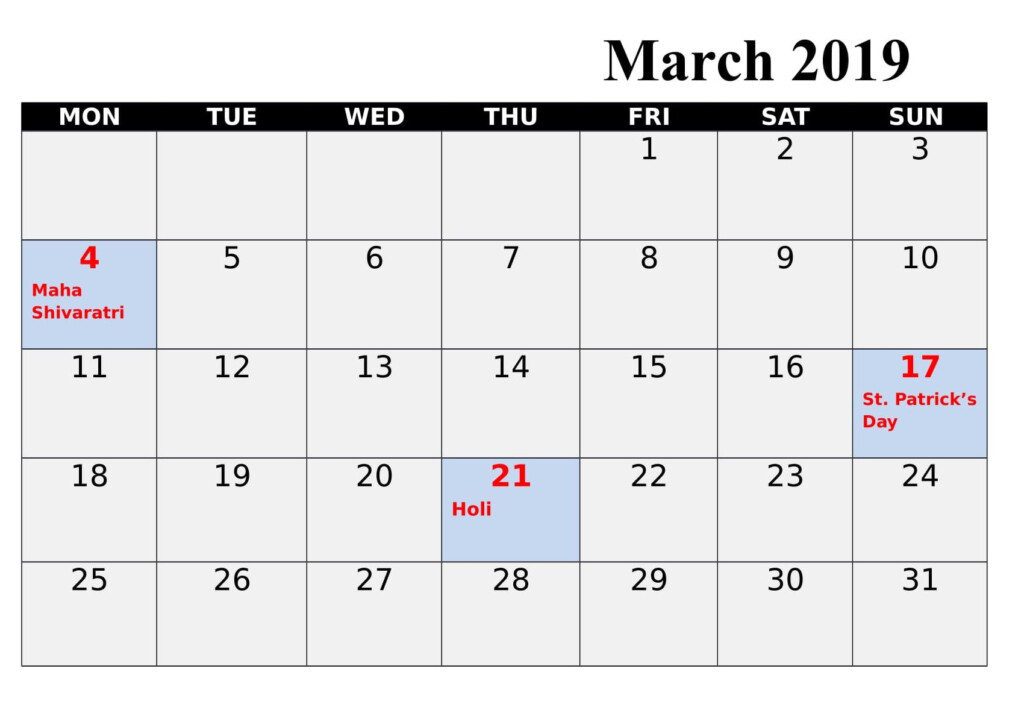 Calendar 2019 March With Holidays And Festival Holiday Calendar 