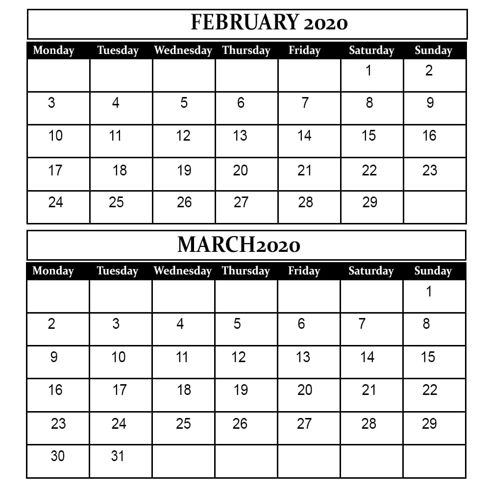 Calendar 2020 February And March Calendar Printables Free Templates