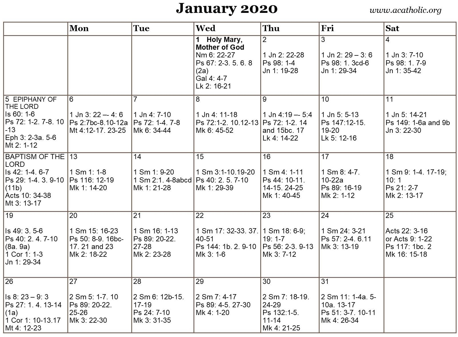 Calendar Daily Readings For Mass In 2020 Catholic Daily Daily Mass