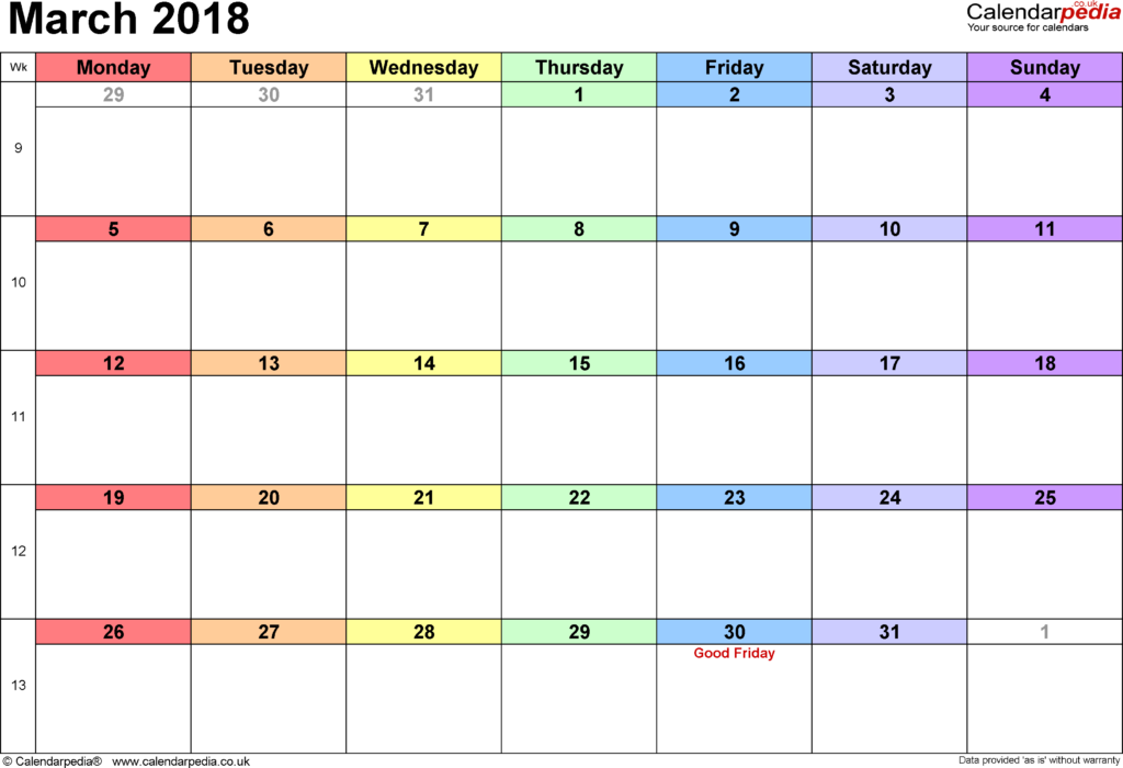 Calendar March 2018 UK With Excel Word And PDF Templates