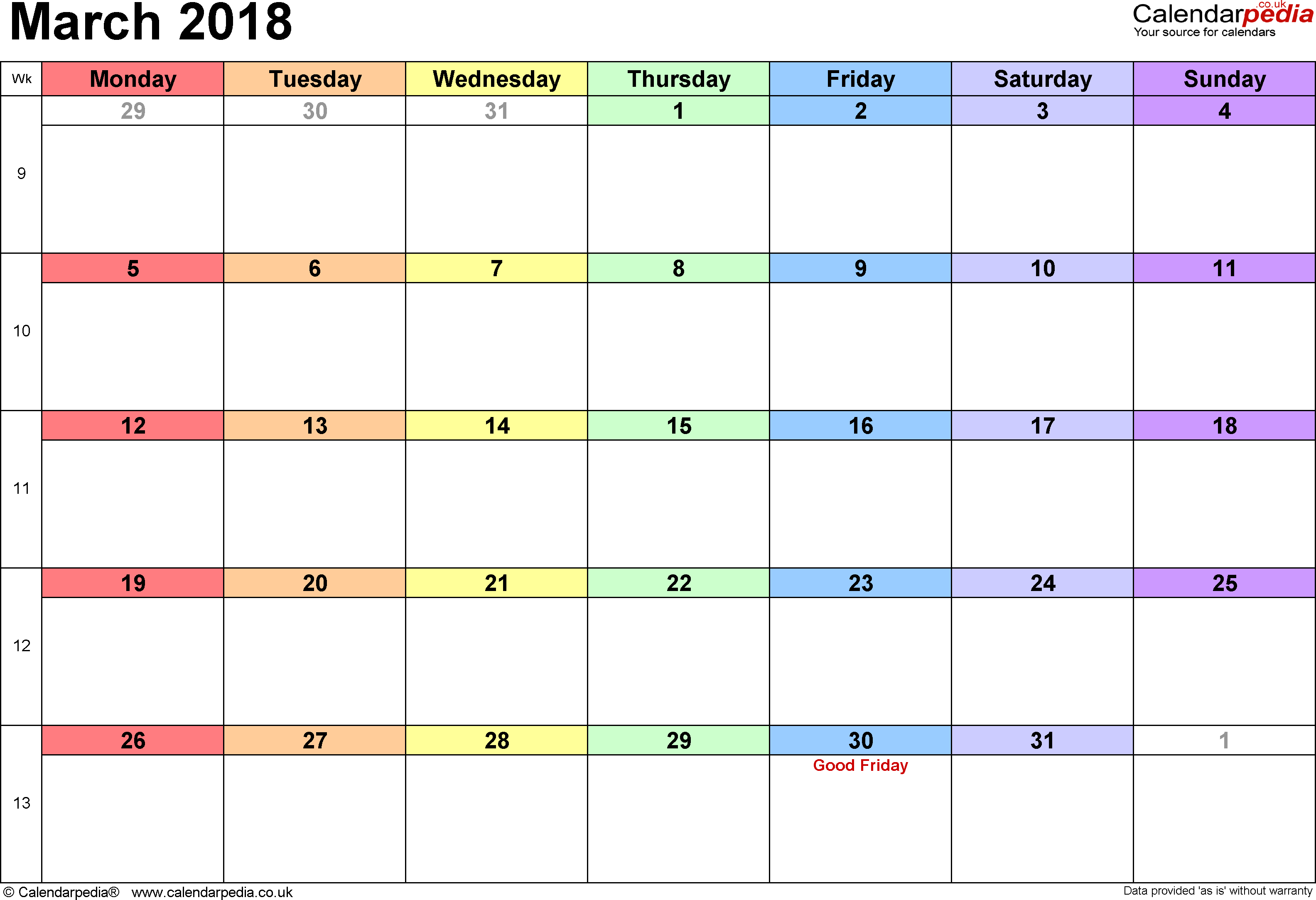 Calendar March 2018 UK With Excel Word And PDF Templates