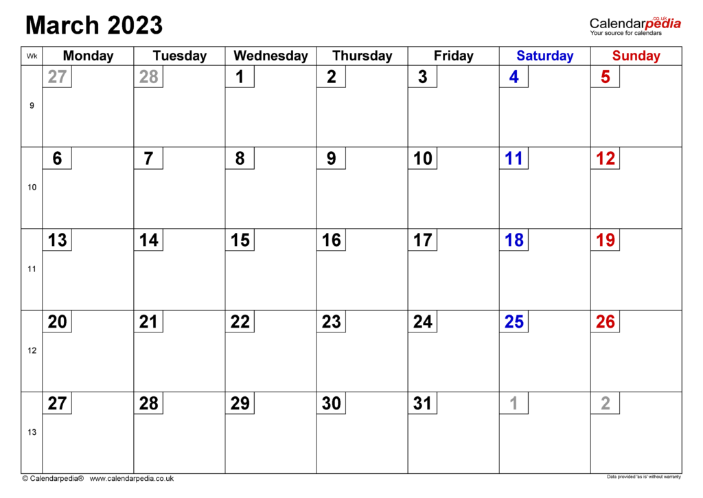 Calendar March 2023 UK With Excel Word And PDF Templates