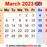 Calendar March 2023 UK With Excel Word And PDF Templates