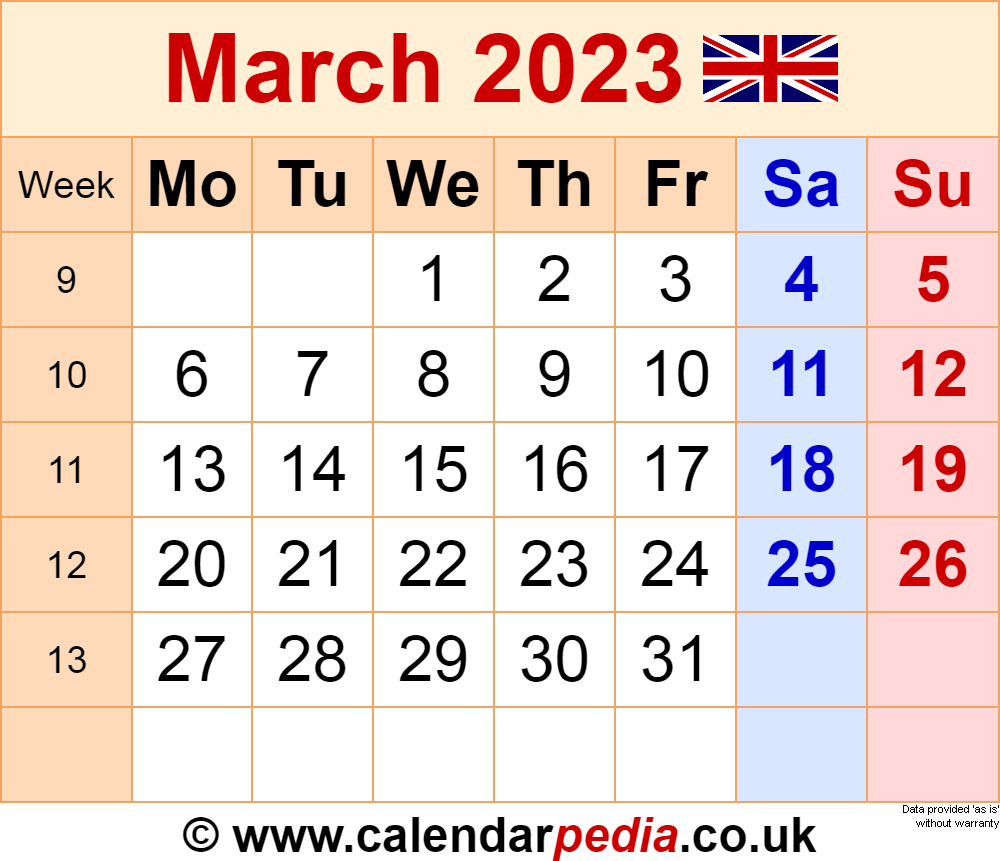 Calendar March 2023 UK With Excel Word And PDF Templates