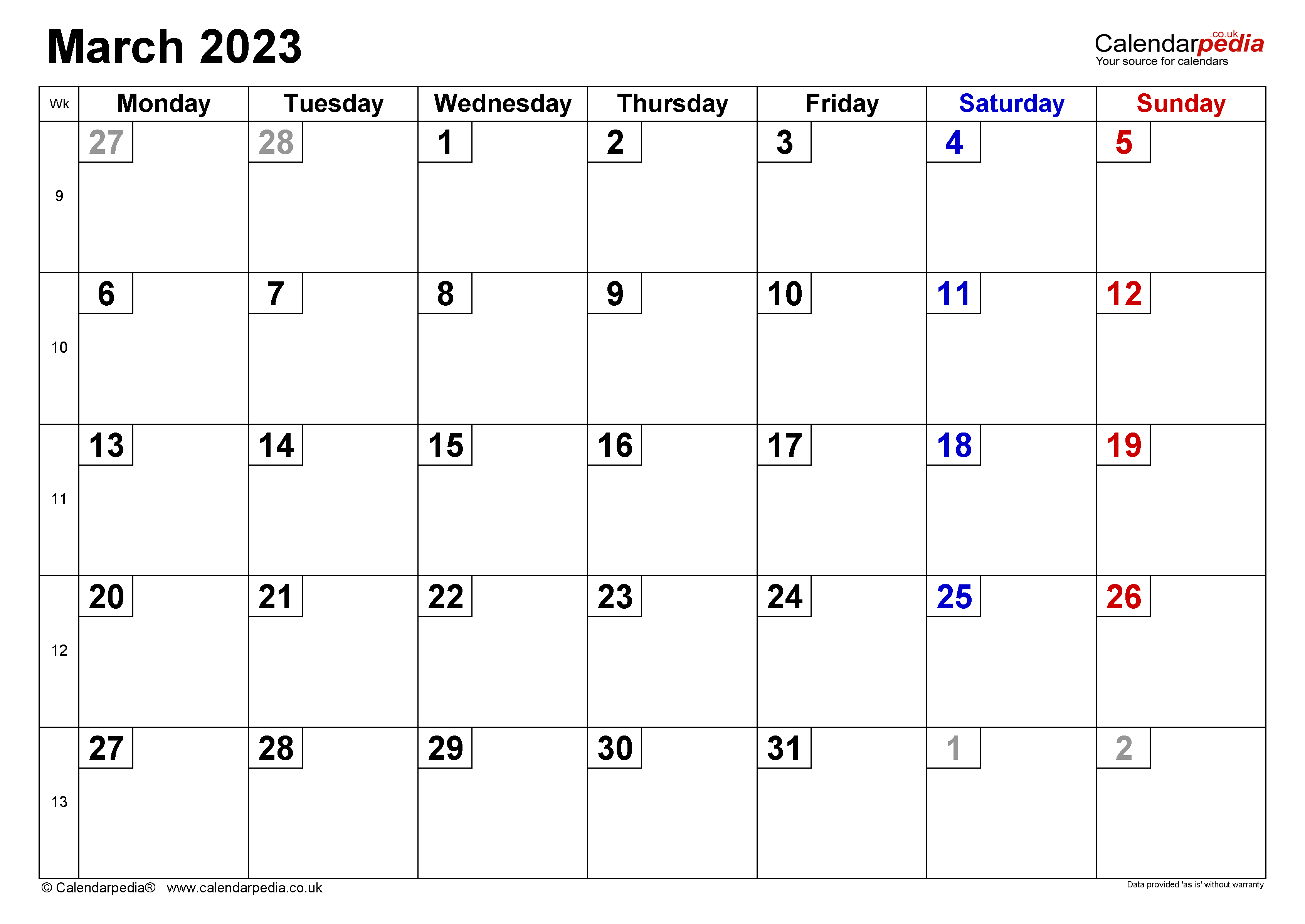 Calendar March 2023 UK With Excel Word And PDF Templates