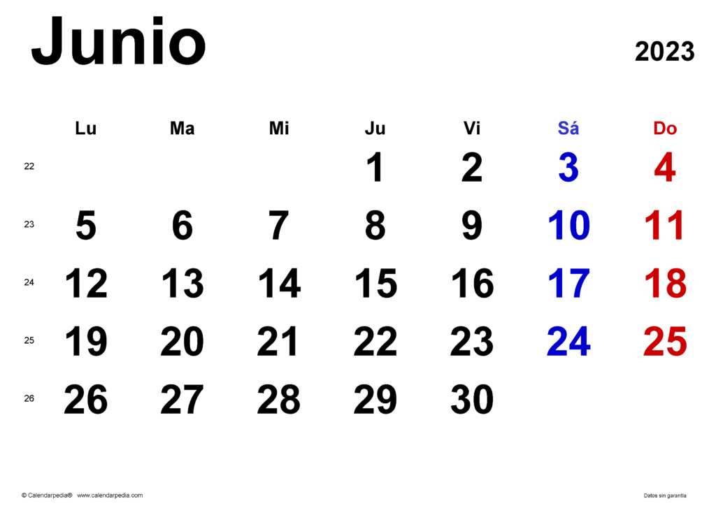 Calendario Junio 2023 En Word Excel Y PDF Calendarpedia