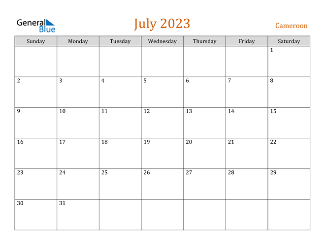 Cameroon July 2023 Calendar With Holidays