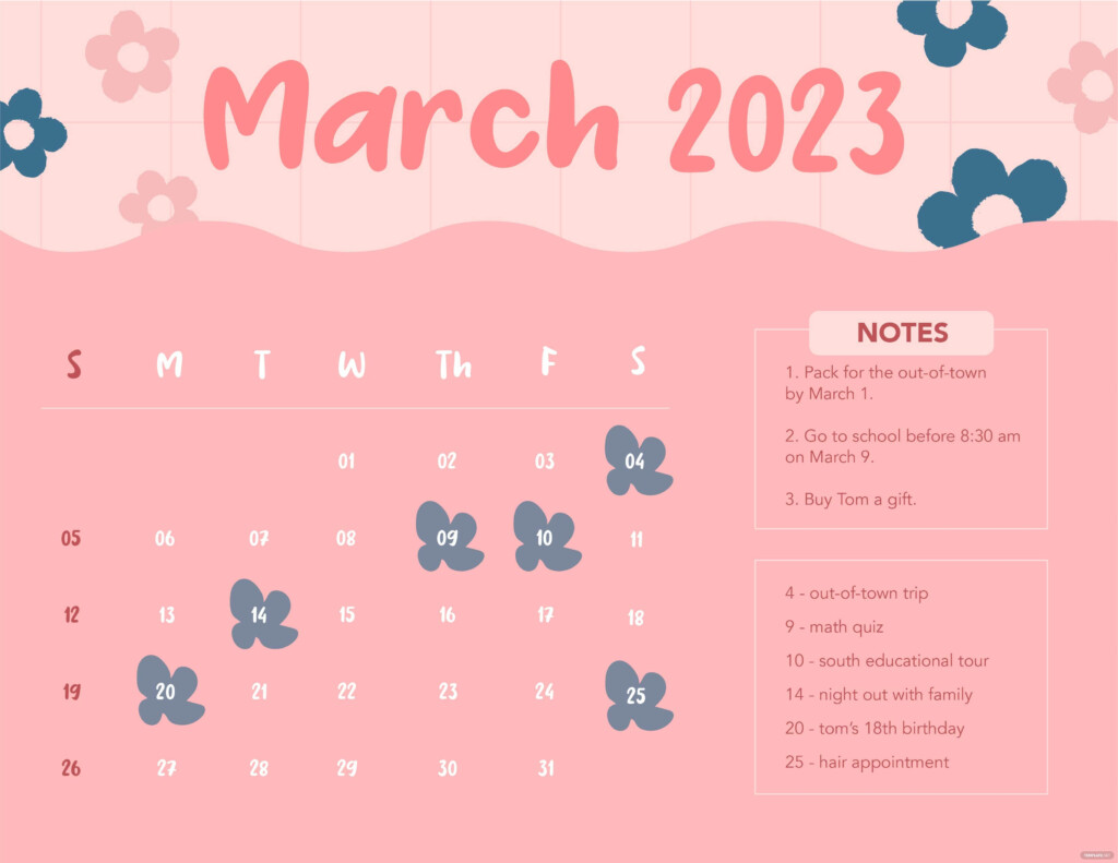 Cute March 2023 Calendar Template Google Docs Illustrator Word 