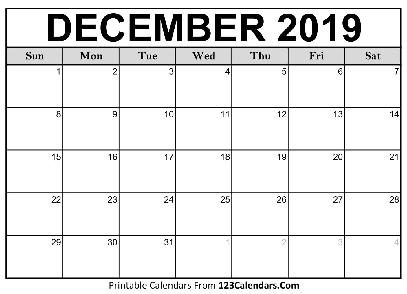 December 2019 Printable Calendar 123Calendars