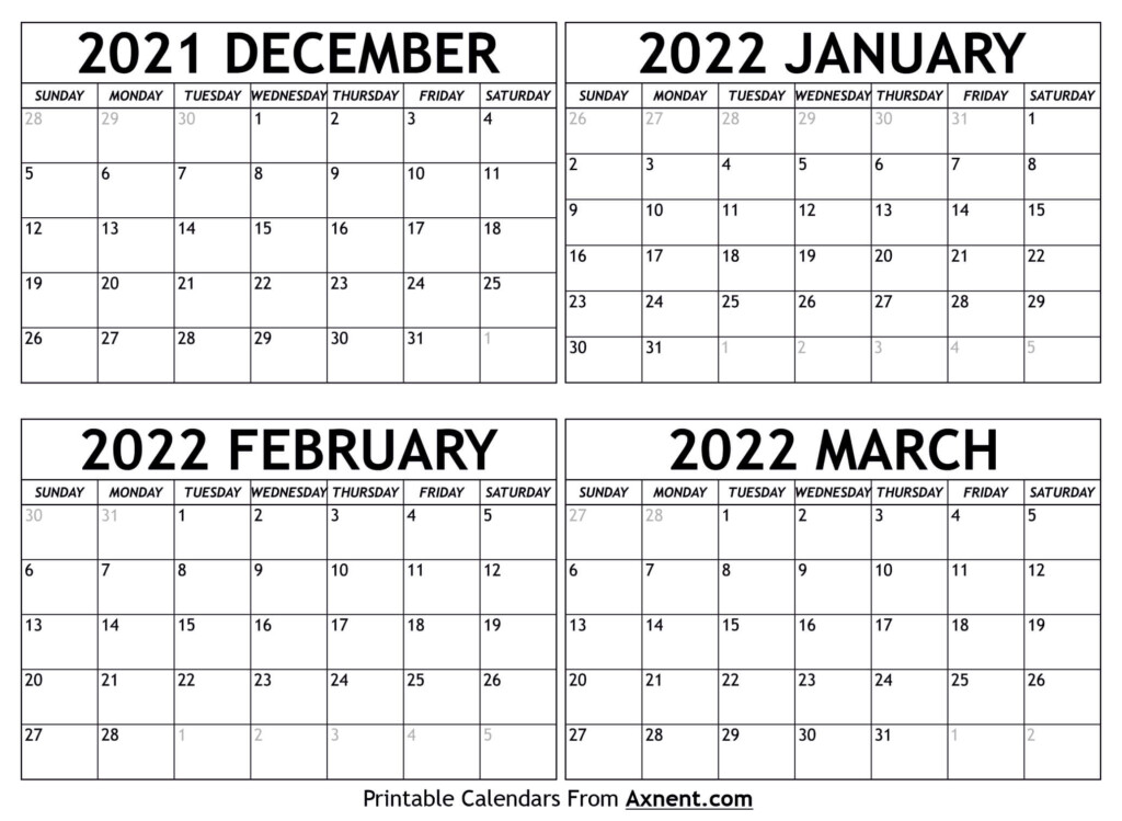 December 2021 To March 2022 Calendar Template Time Management Tools 