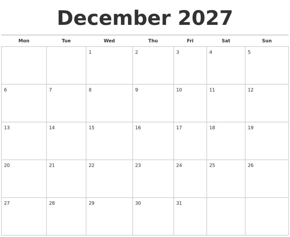 December 2027 Calendars Free