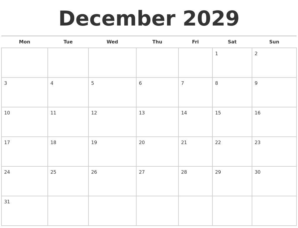 December 2029 Calendars Free