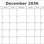 December 2036 Print Free Calendar