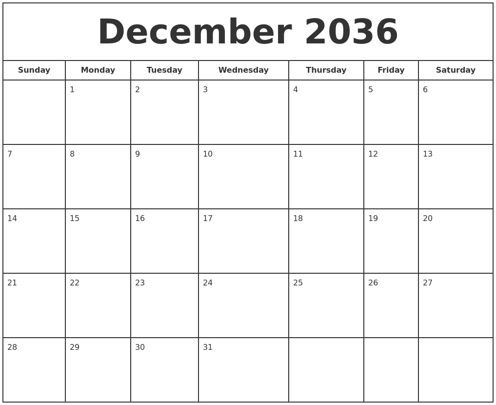 December 2036 Print Free Calendar