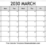 Download Printable March 2030 Calendars