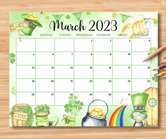 EDITABLE March 2023 Calendar Happy St patrick s Day Etsy