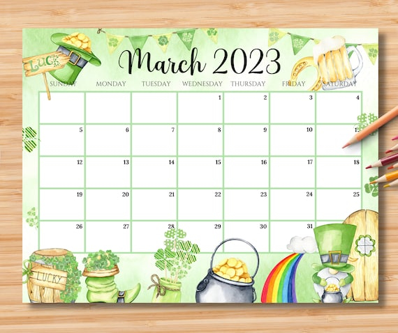 EDITABLE March 2023 Calendar Happy St patrick s Day Etsy