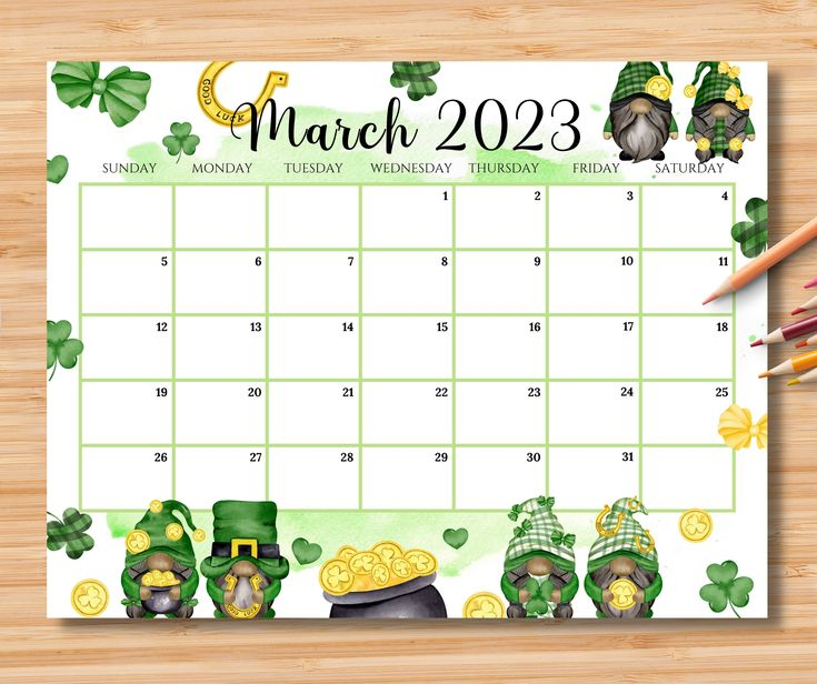 EDITABLE March 2023 Calendar Happy St Patrick s Day With Cute Gnomes 