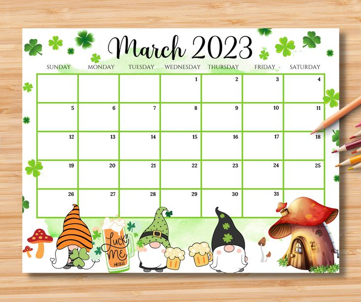 EDITABLE March 2023 Calendar Happy St Patrick s Day With Cute Gnomes