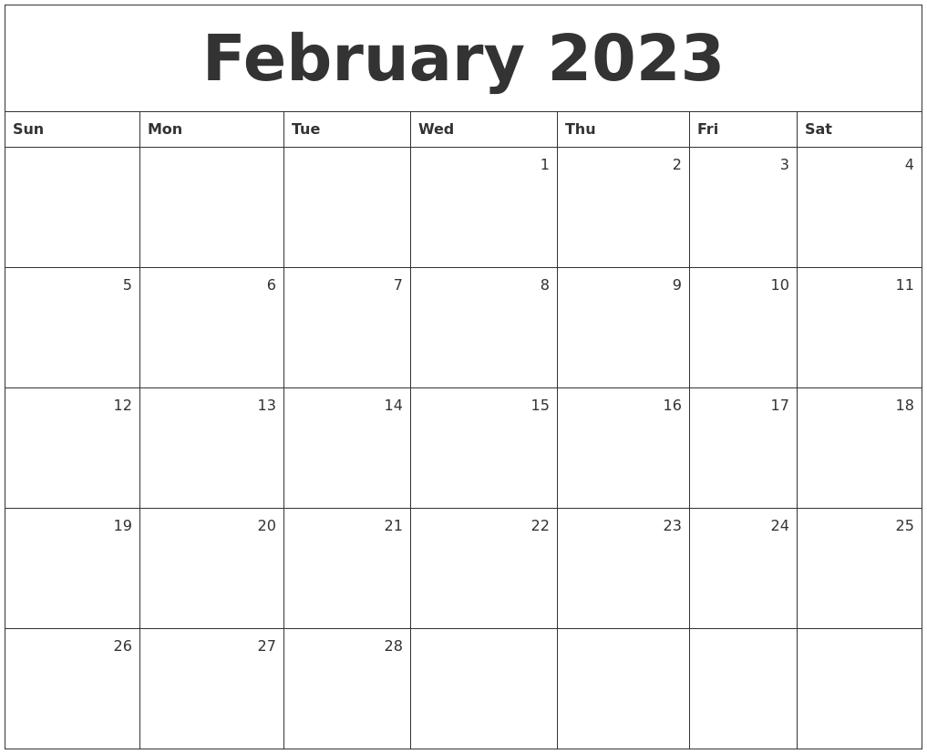 February 2023 Monthly Calendar