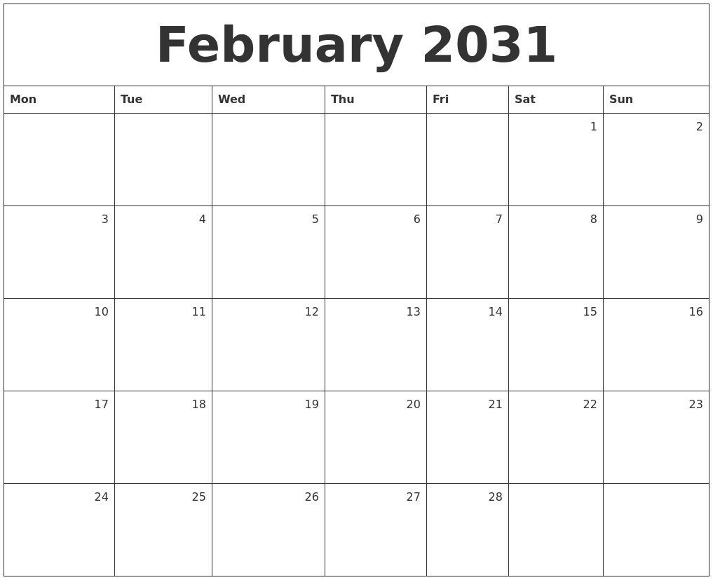 February 2031 Monthly Calendar