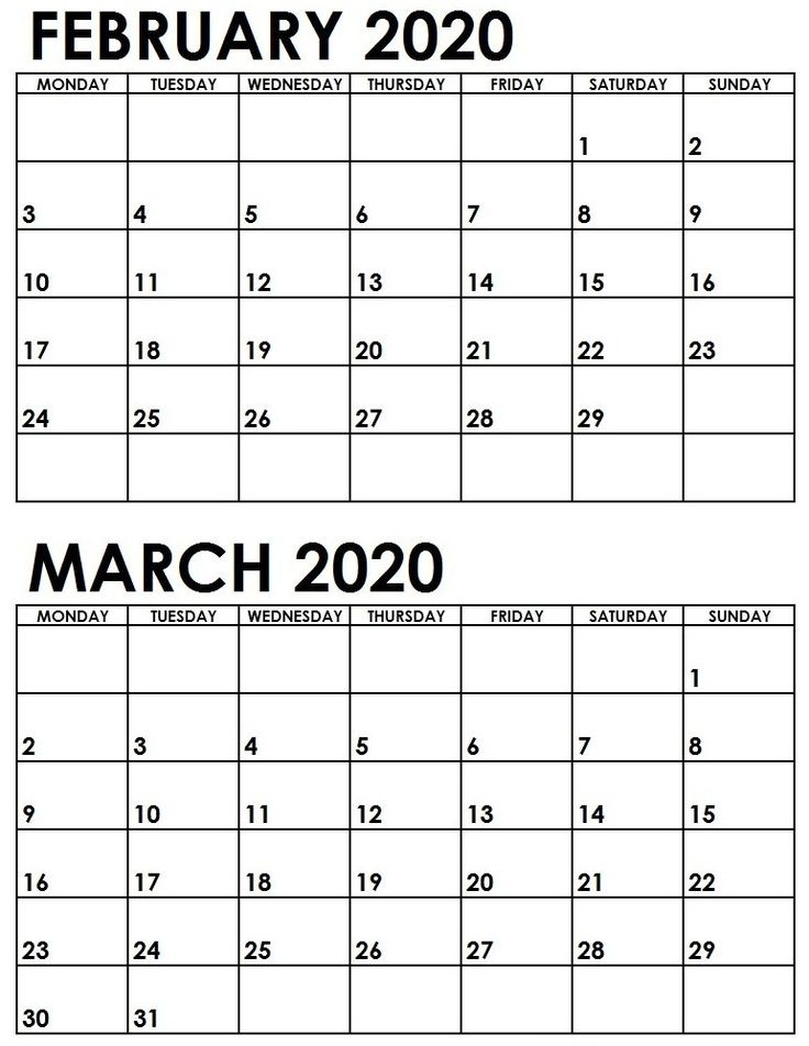 February And March 2020 Calendar Printable Monthly Calendar 12