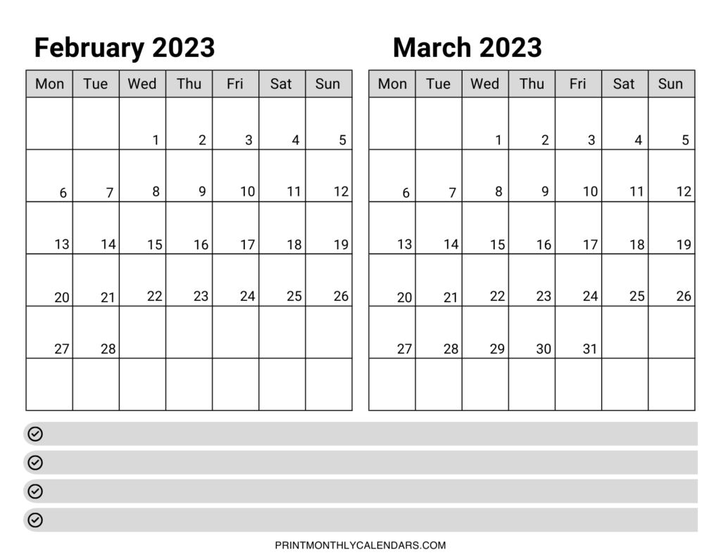 February March 2023 Calendar Template Printable Two Month Planner