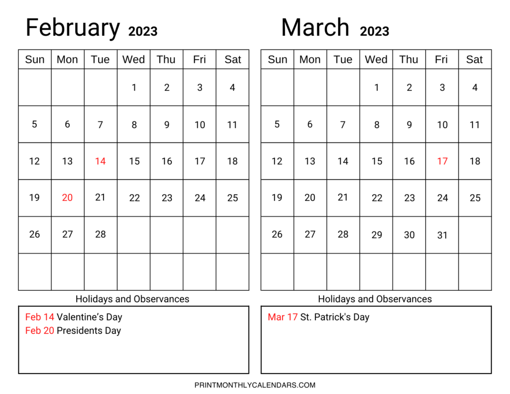 February March 2023 Calendar Template Printable Two Month Planner