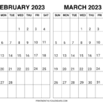 February March 2023 Calendar Template Printable Two Month Planner