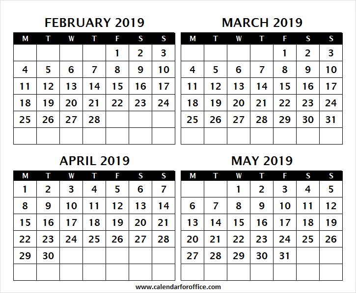 February March April And May 2019 Calendar Template PDF Word Excel