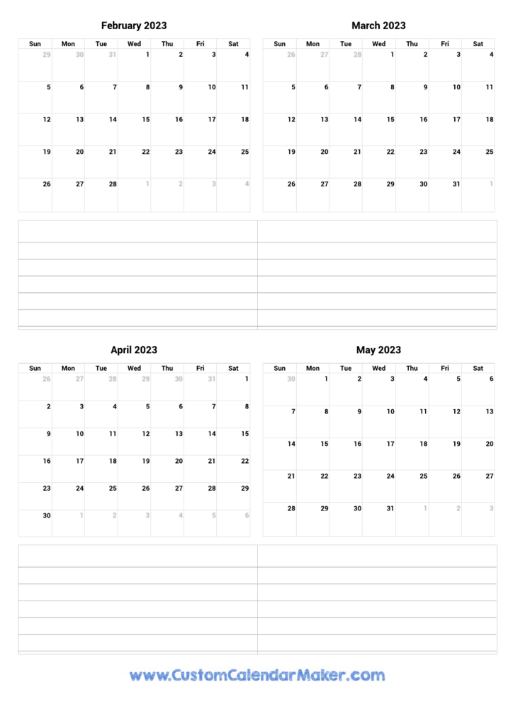 February To May 2023 Printable Calendar