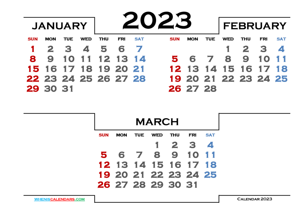 Free January February March 2023 Calendar Printable Calendar 