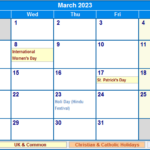 Free March 2023 Calendar With Holidays HolidayCalendars